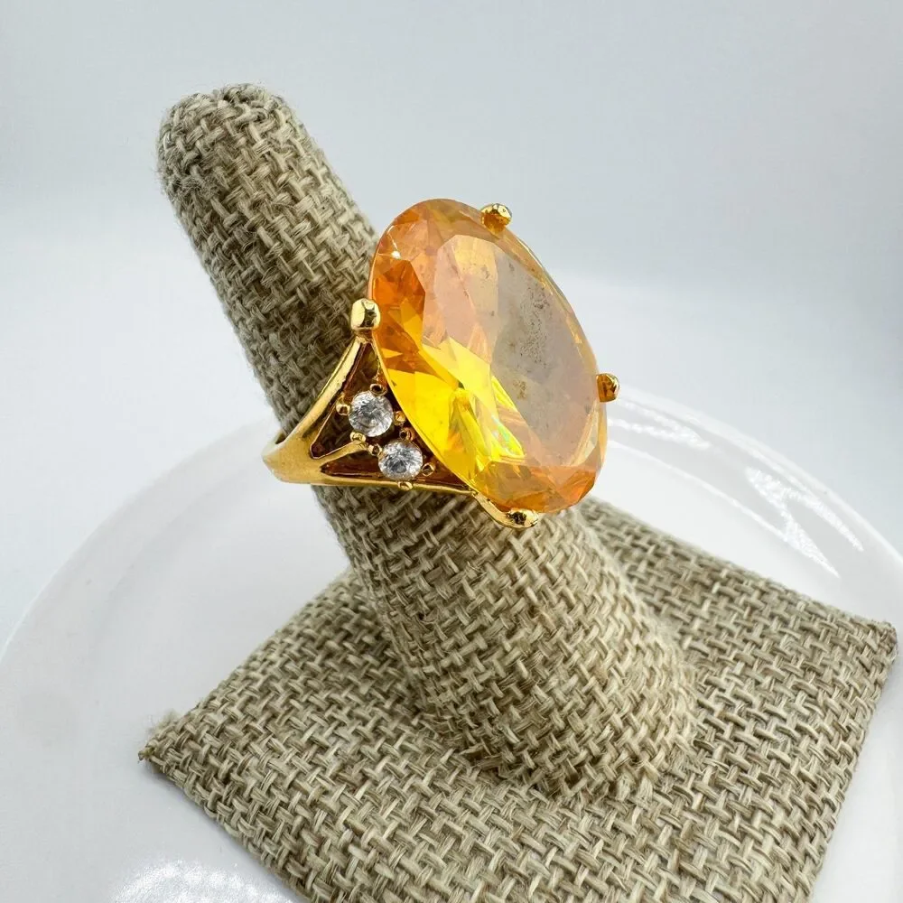 Oversized Citrine Tone Oval Statement Cocktail Ring Vintage Gold Tone Glamour - Picture 9 of 11